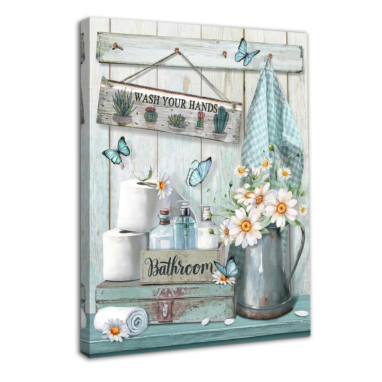 Framed Farmhouse Bathroom Wall Art Decor, Rustic Teal Flower and Butterfly Pi