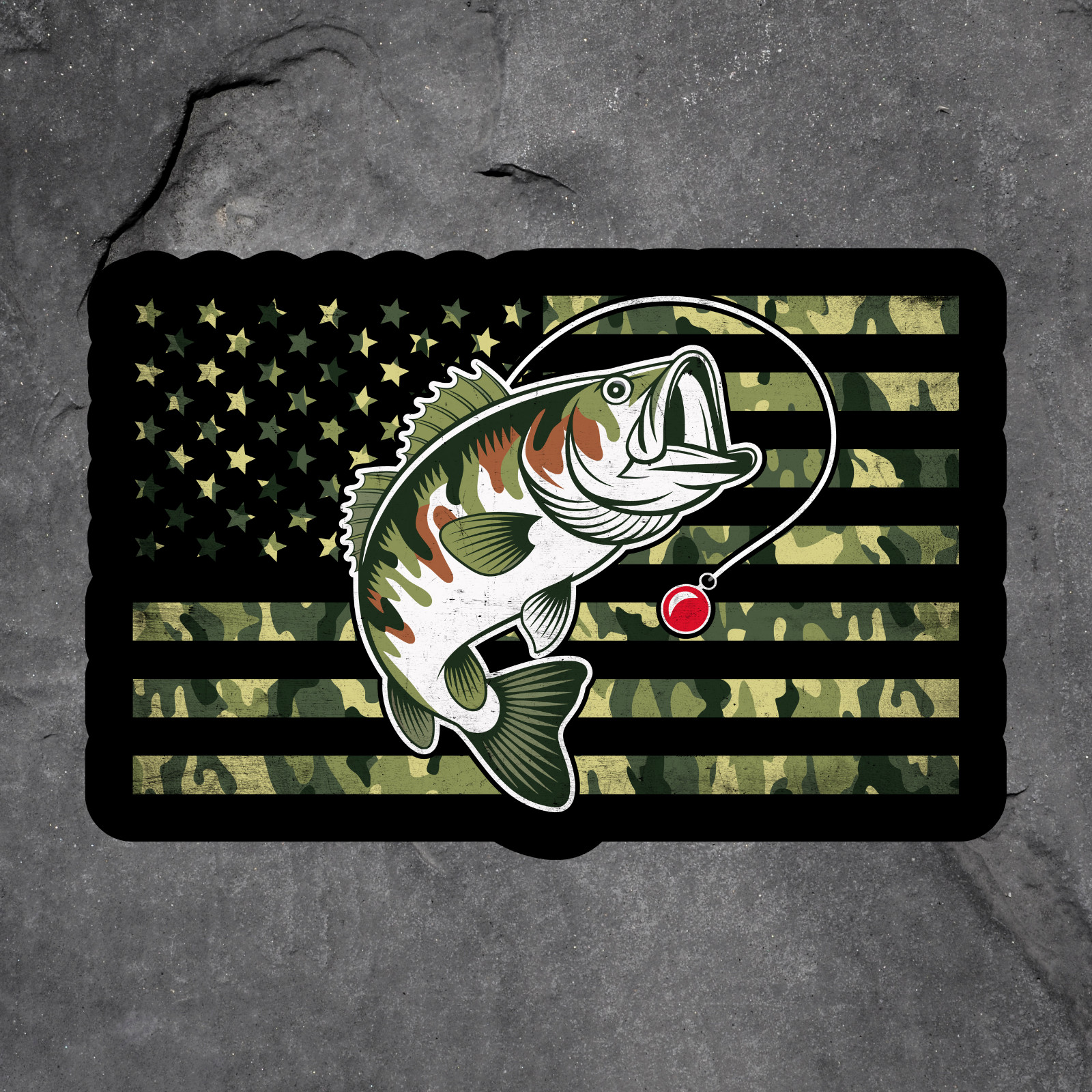 Bass sticker vinyl decal American flag camouflage fishing patriotic outdoors USA