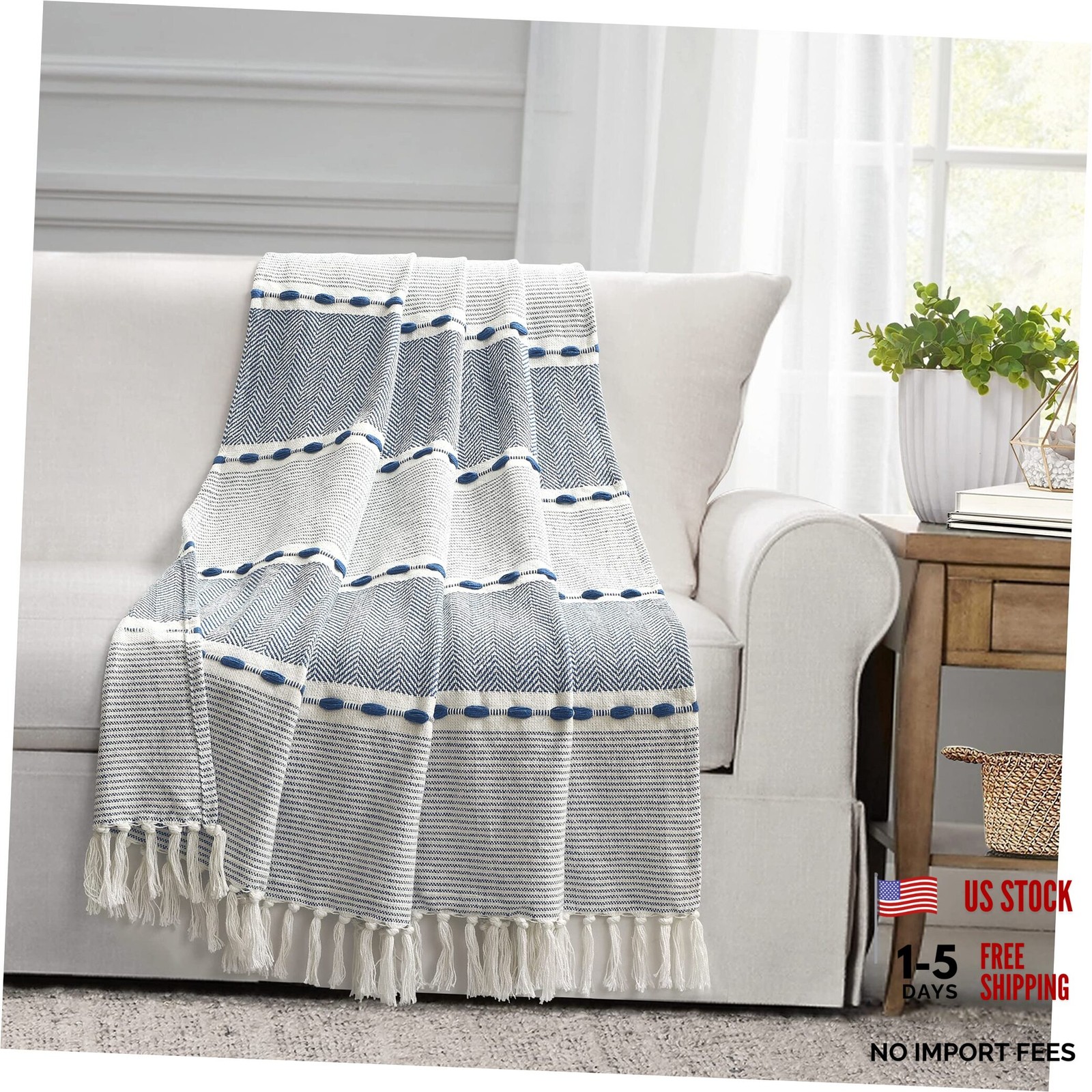 Herringbone Stripe Woven Tassel Yarn Dyed Herringbone Stripe Navy 50″ x 60″