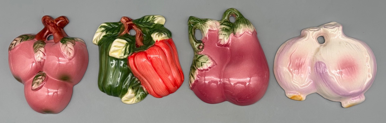 4 VTG Ceramic Glazed Fruit Vegetable 3D Kitchen Decor Wall Hanging Plaques MCM