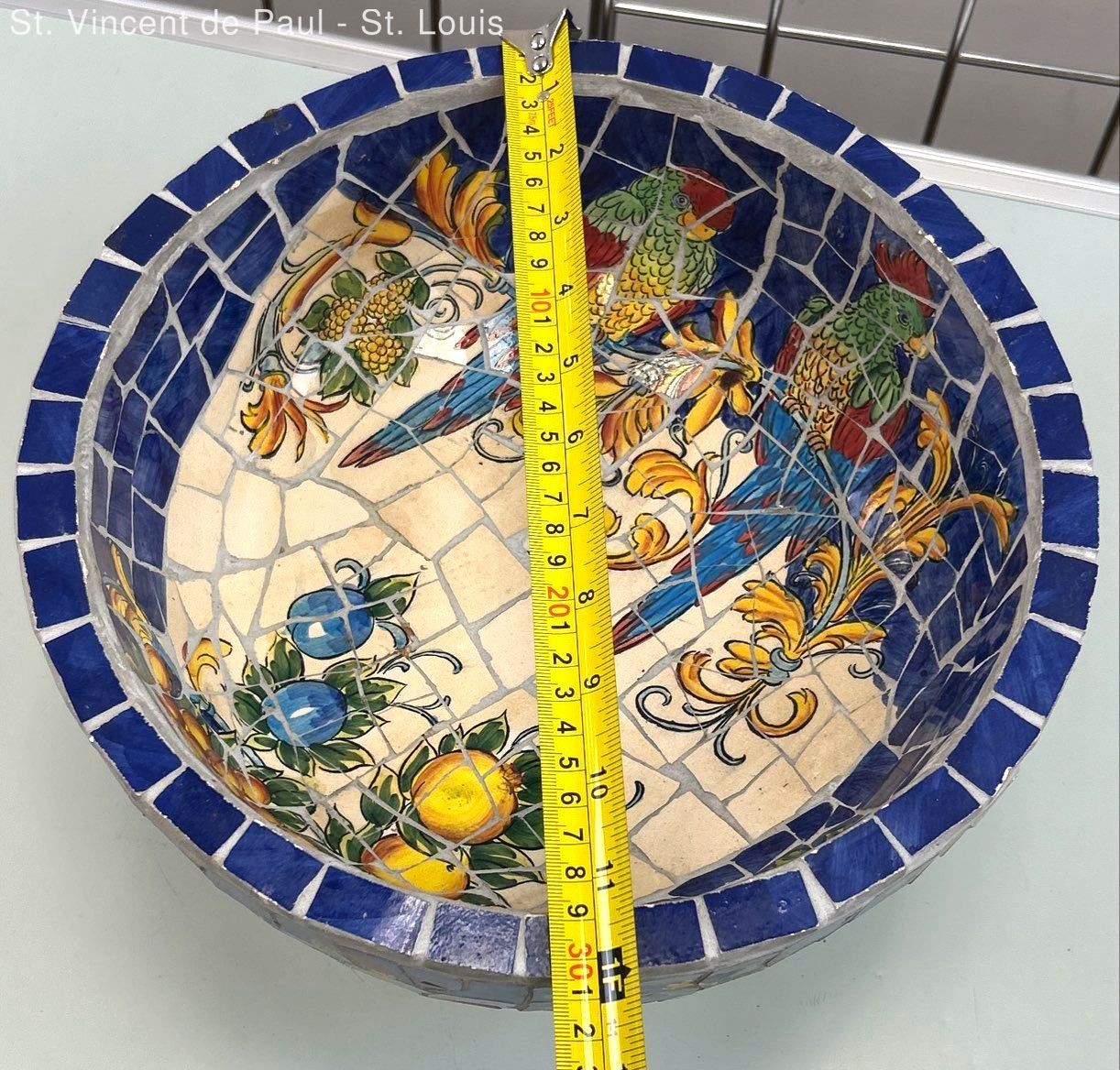 Blue Mosaic Ceramic Decorative Tile Pedestal Bowl Parrot Fruit Motif