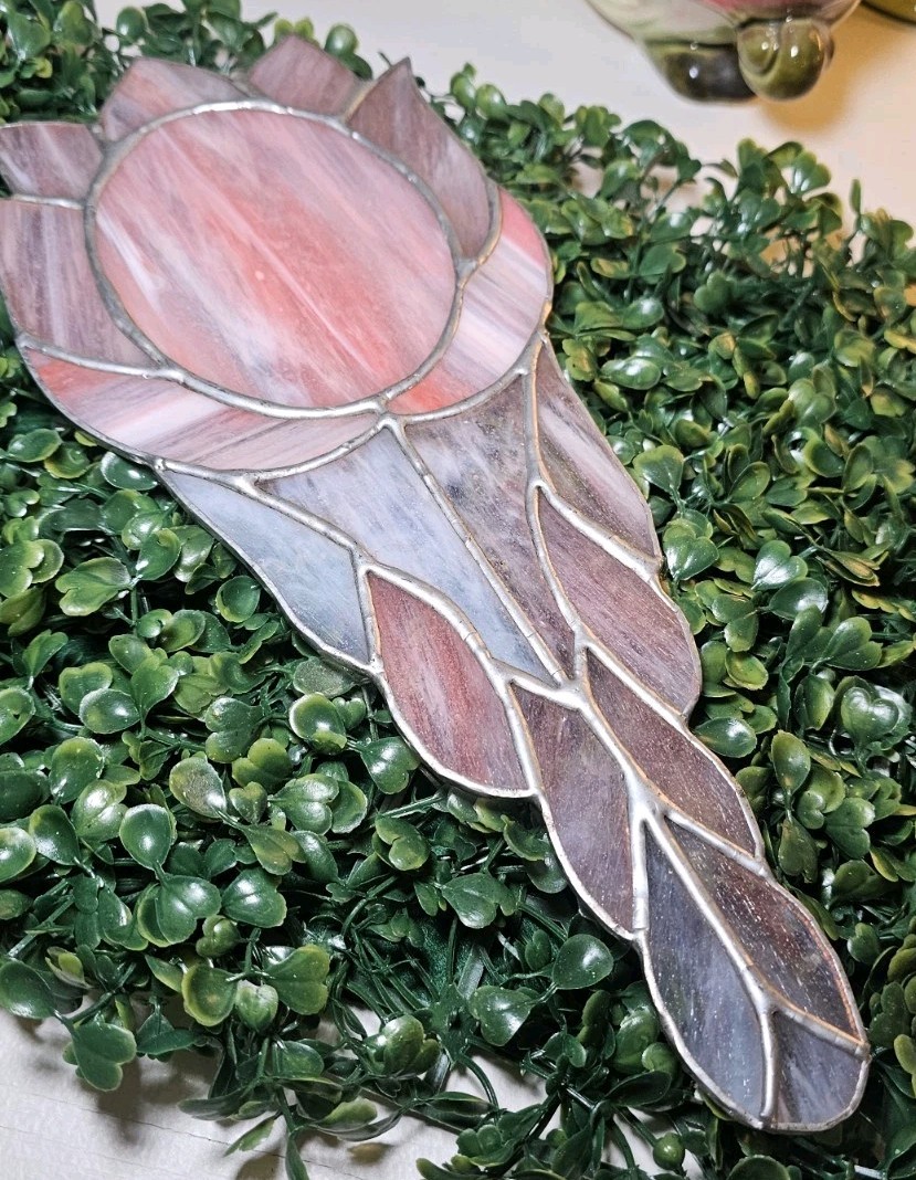 VTG Handmade Stained Glass mirror with a floral design. Pink