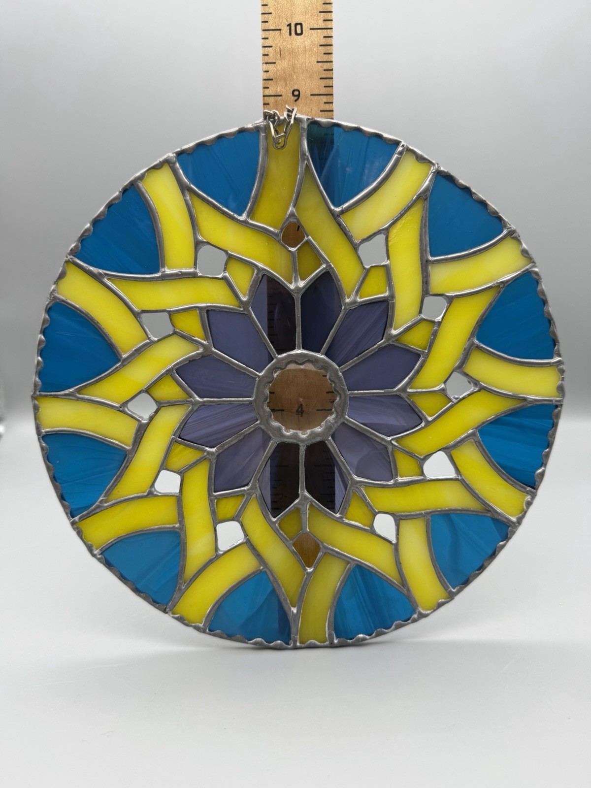Handmade Stained Glass Blue Yellow Purple Flower Round Mandala Design Suncatcher