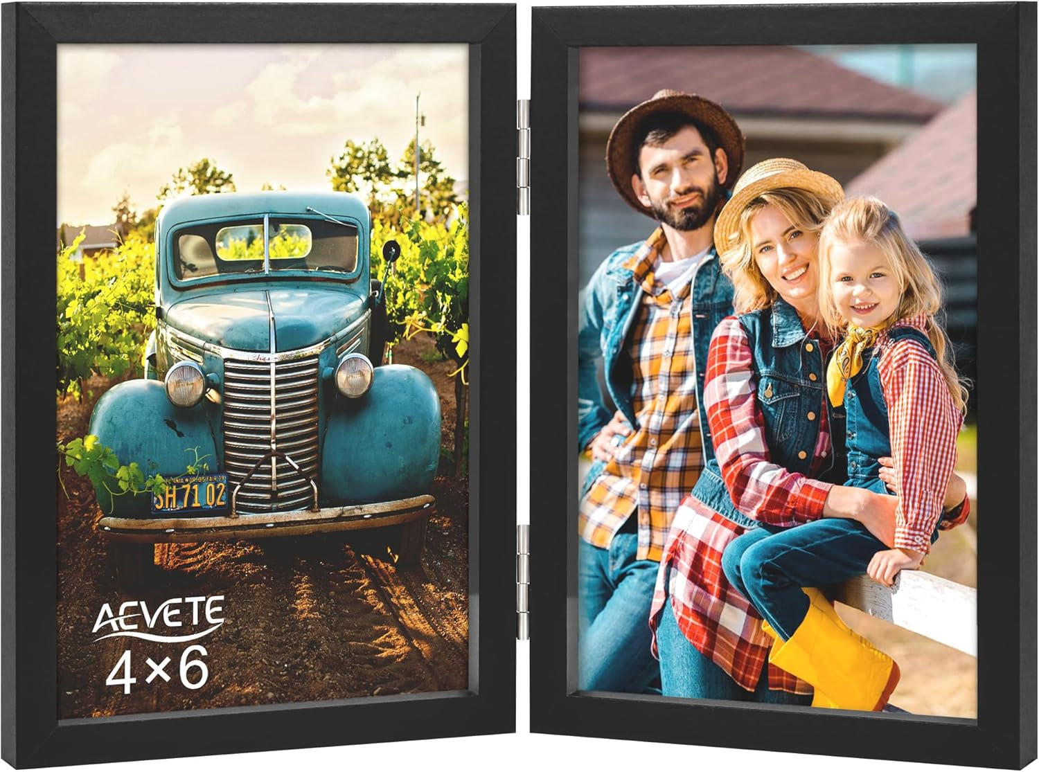 4×6 Double Hinged Folding Wood Picture Frame Tabletop Black 2 Photos