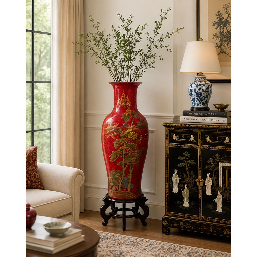 US Seller – 36in Red Lacquer Chinoiserie Scenery Motif Chinese Porcelain Vase
