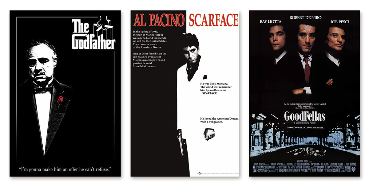 CLASSIC GANGSTER MOVIES – POSTER SET (SCARFACE, GOODFELLAS & THE GODFATHER)