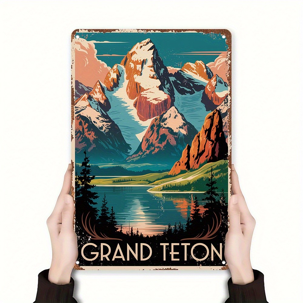 Grand Teton National Park Retro Metal Sign Mountain Landscape Travel Wall Decor