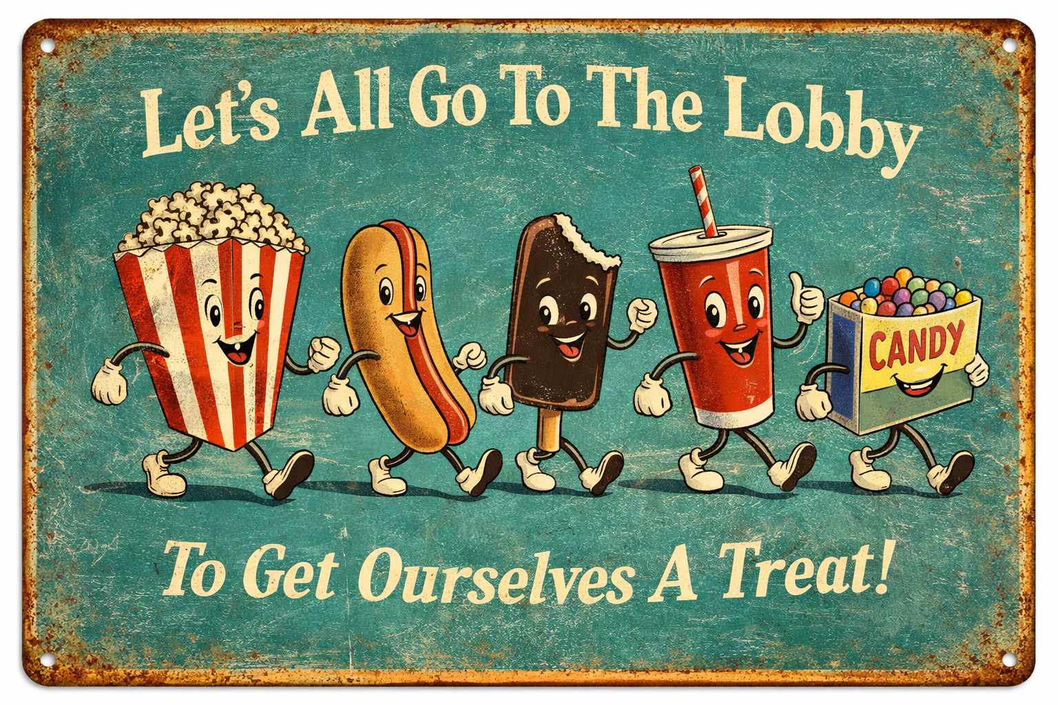 1950s Style Movie Theater Snack Bar Let’s Go To Lobby Retro 8×12 Metal Sign