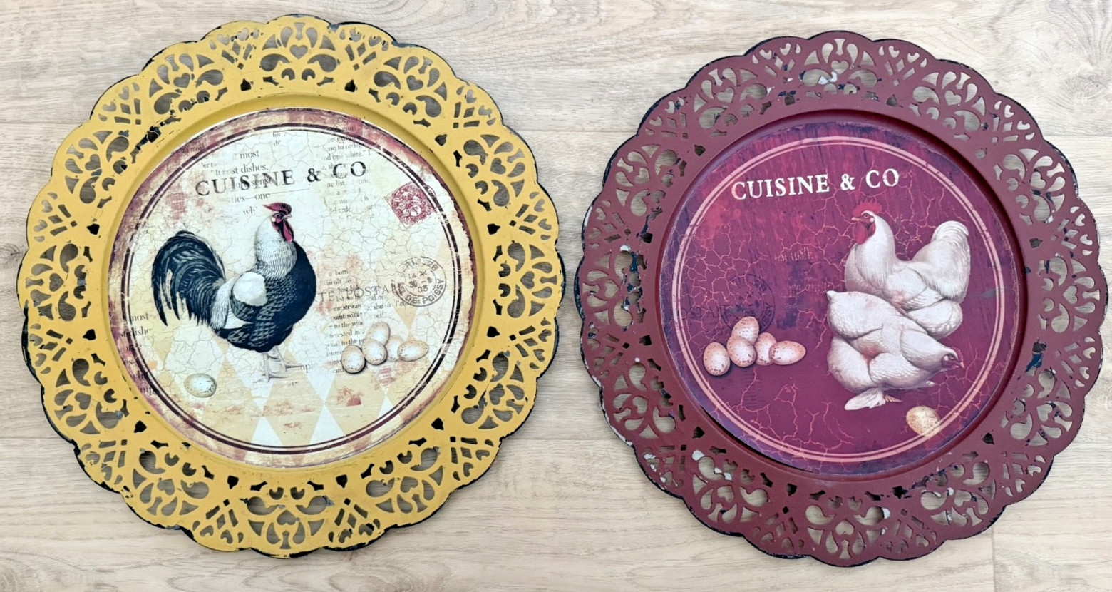 Set of 2 Cuisine & Co 12.5″ Cutout Plate Sign Chickens Retro Farm Country Decor