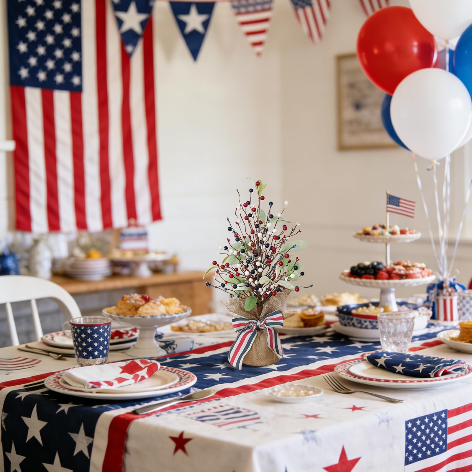 2 Pack 4th of July Artificial Tree Tabletop Decor Patriotic Tree Red Blue White