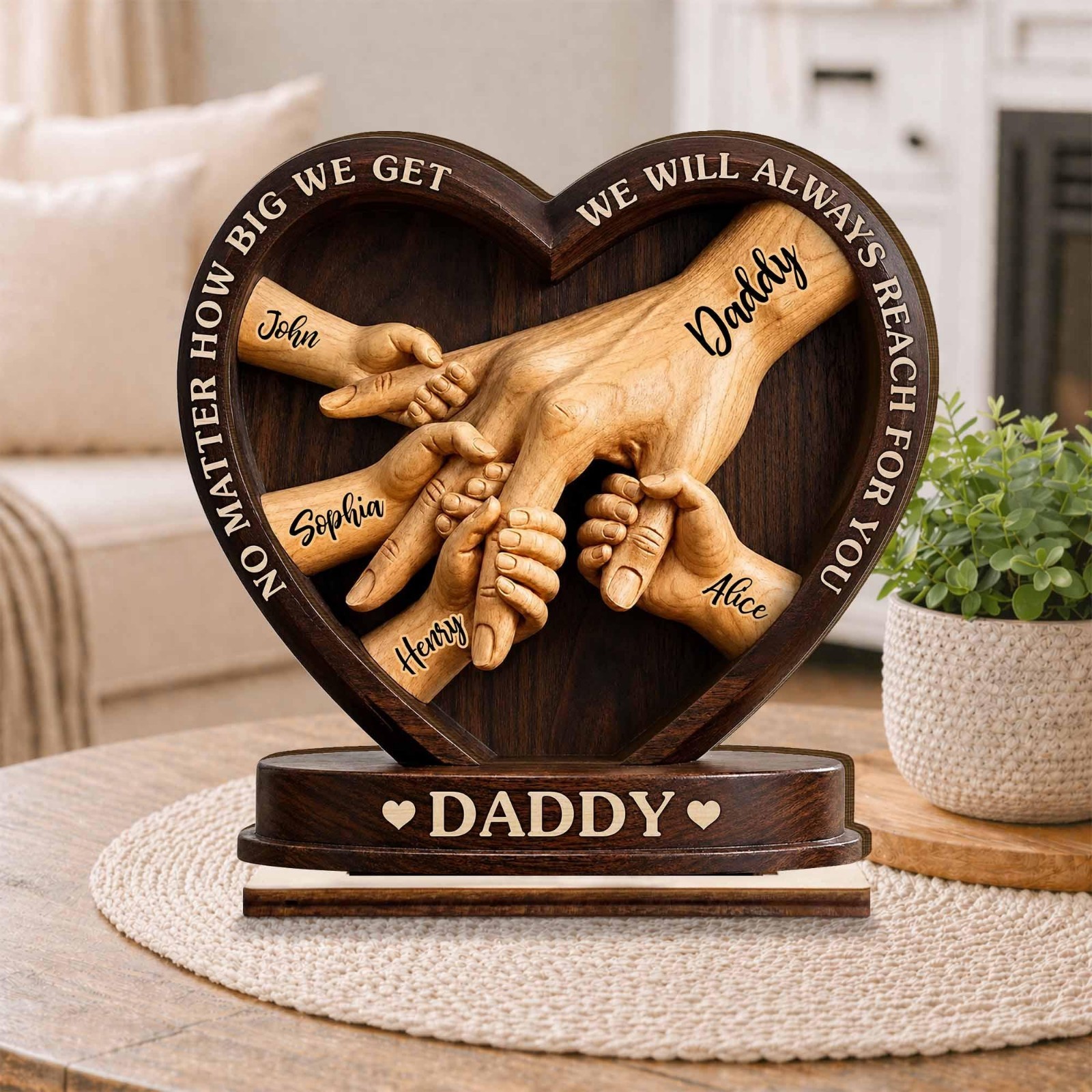 Personalized Wooden Family Hand Sculpture, Custom Daddy Keepsake, Heart-Shaped