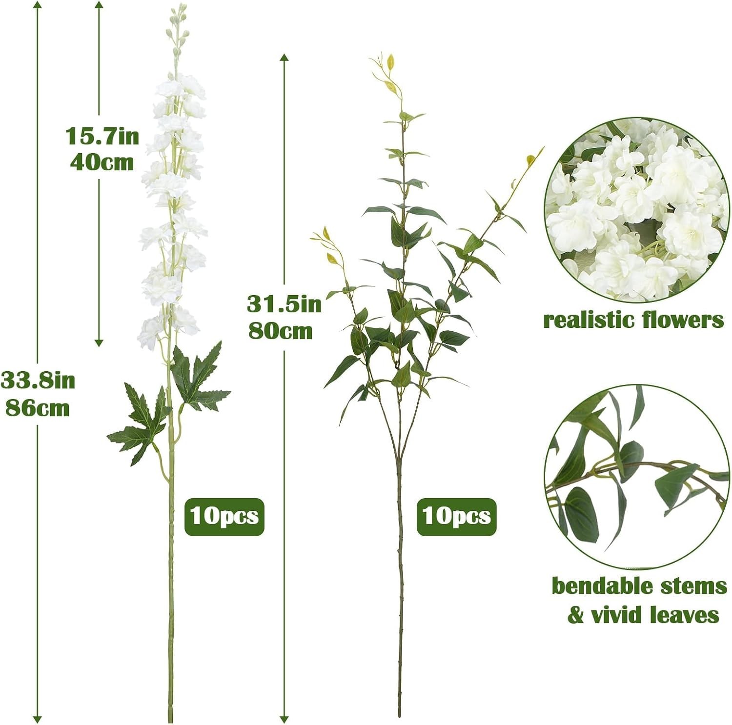 20PCS White Artificial Delphinium Flowers with Clematis Greenery 33.5″ Long Stem