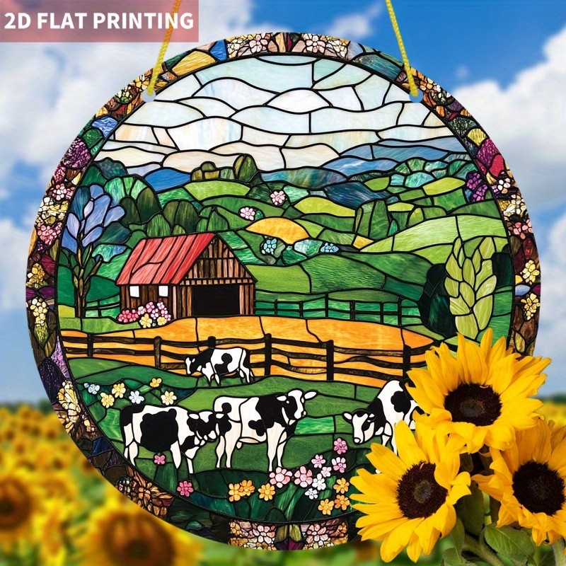 Farm Cow Scene Acrylic Suncatcher Rustic Country Boho Window Wall Hanging Decor