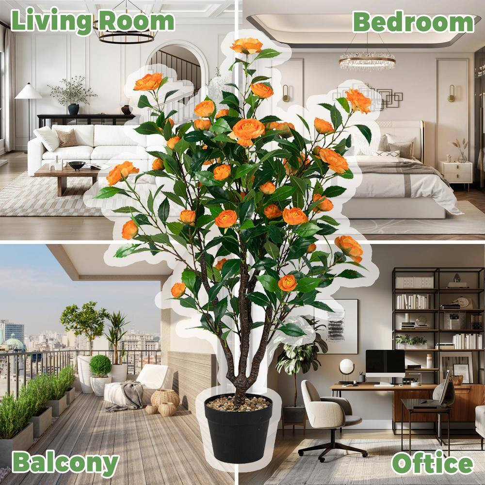 40 In. Green and Yellow Indoor Outdoor Decorative Artificial Camellia Tree in Po