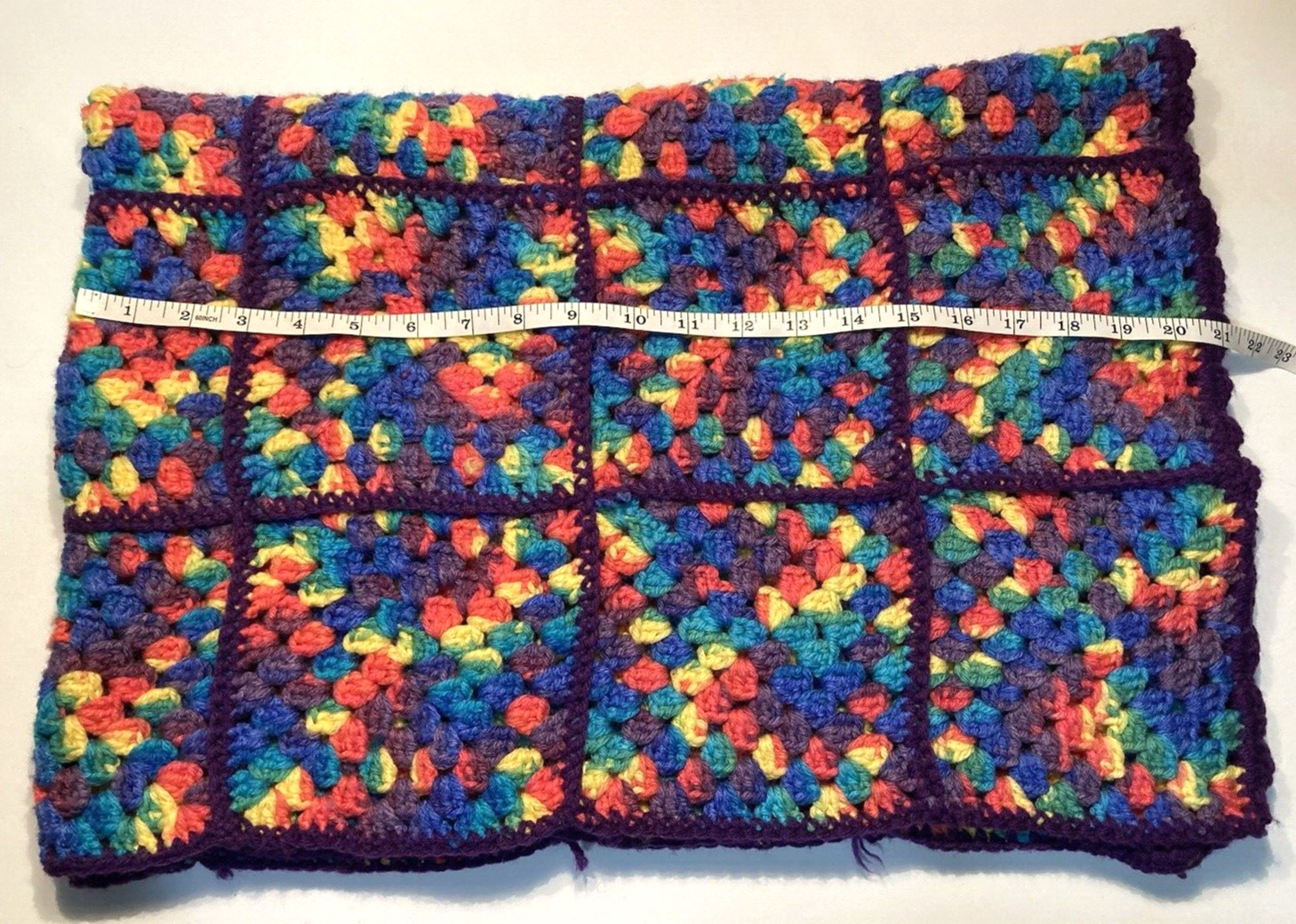 Handmade Crochet Squares Blanket – Colorful with Purple Trim – 28 in x 42 in
