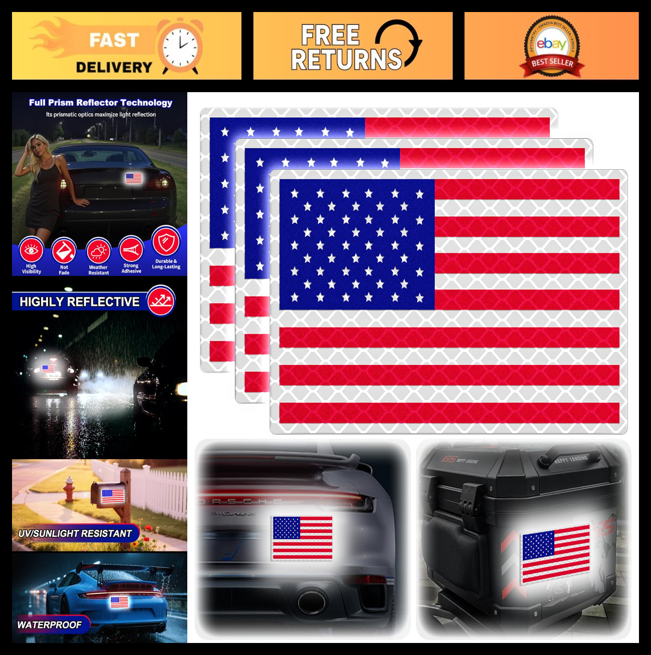 Patriotic American Flag Stickers – Reflective Decals for Cars, Motorcycles, Mail