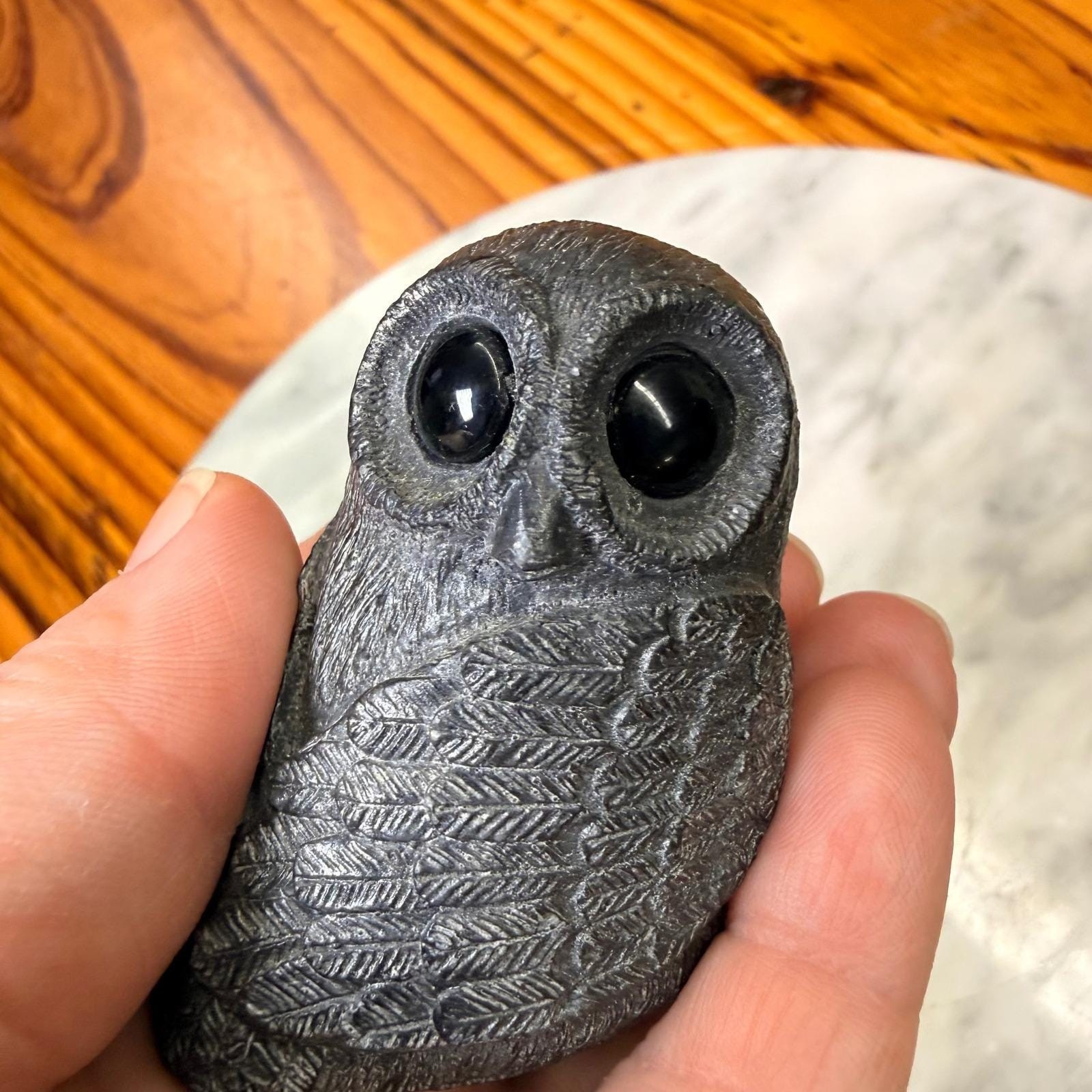 VTG Wolf Original Owl Hand Carved Black Soapstone Sculpture Glass Eyes 2.75 in