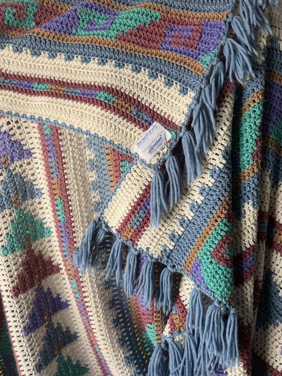 Vintage Crochet Afghan Blanket Southwestern Boho Throw 62×95 Multicolor Fringe