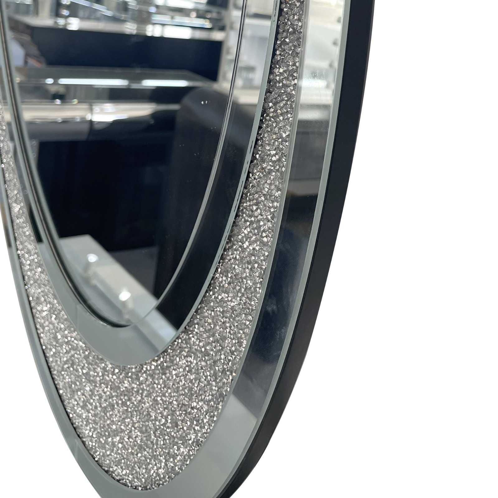 Oval Wall Mirror Crushed Diamond Inlay Sparkly Silver FramelessCrystal Accent