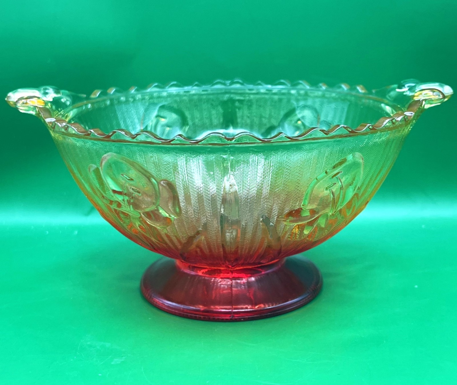 VTG Jeannette Carnival Glass Iris Herringbone Ruffled Pedestal Candy Dish Red