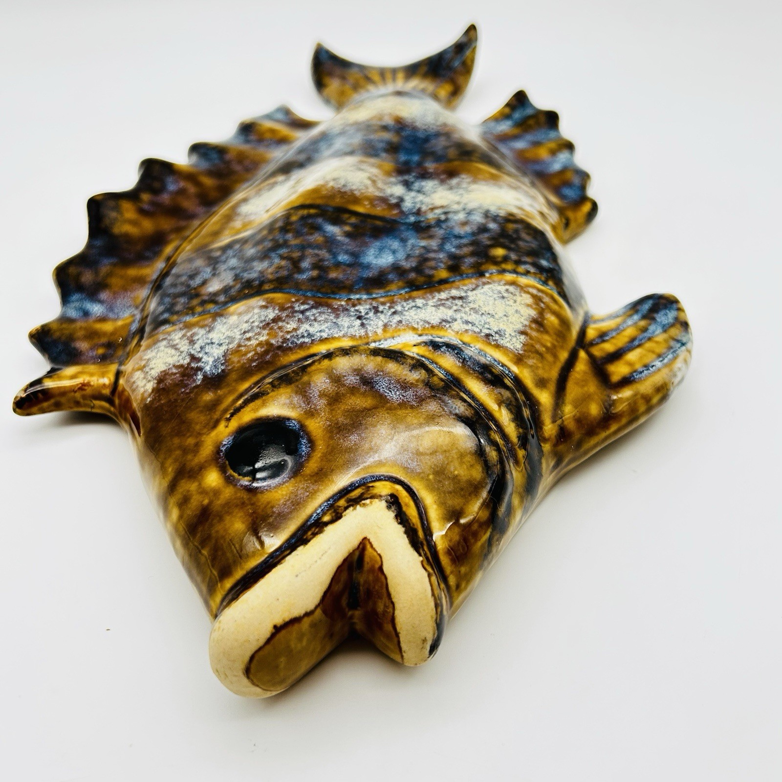 Large Vintage Ceramic Glazed Fish Art Pottery Hanging Plaque NICE!!