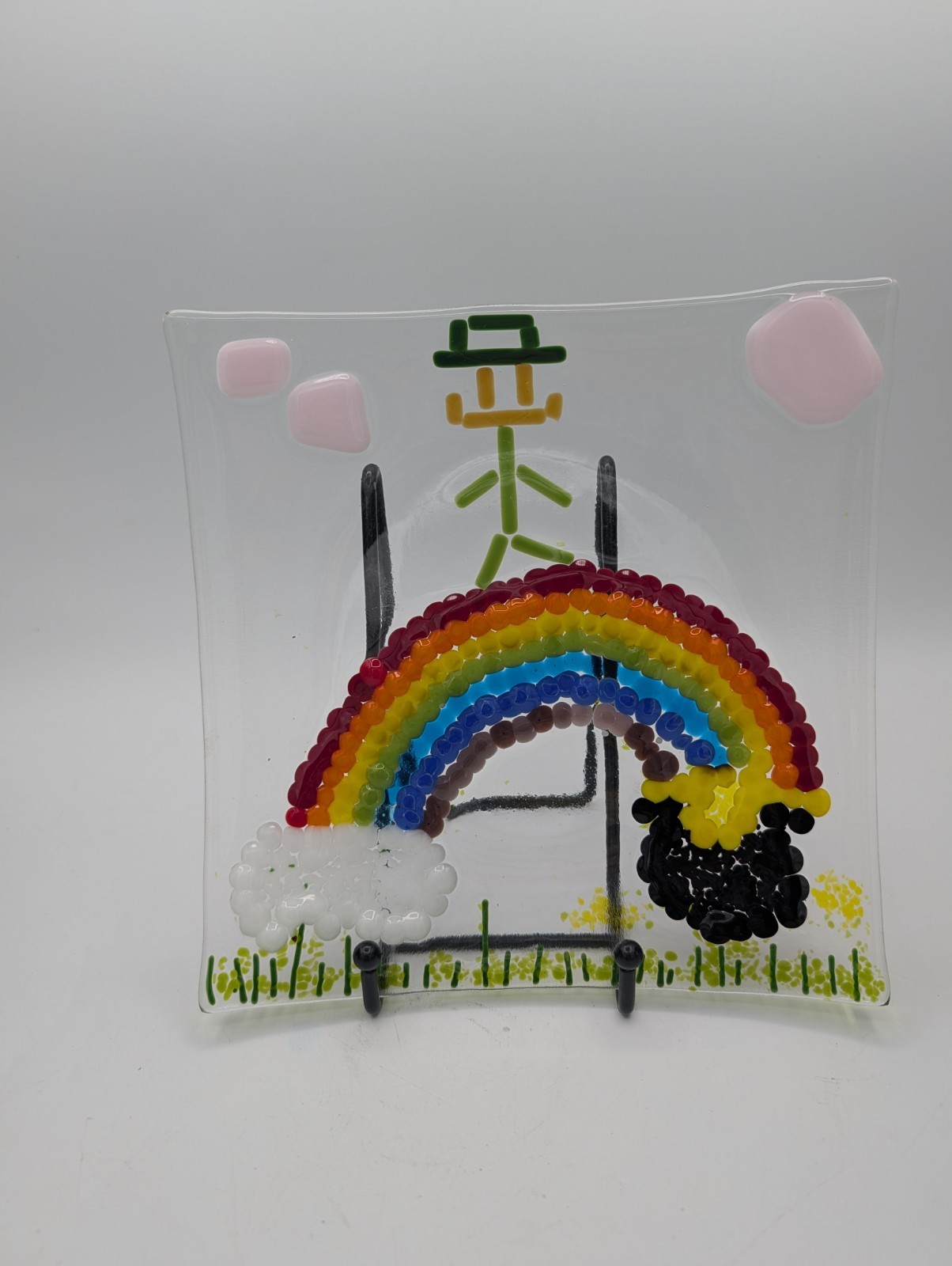 Handmade Fused Art Glass Square Dish Leprechaun Rainbow 7.75″