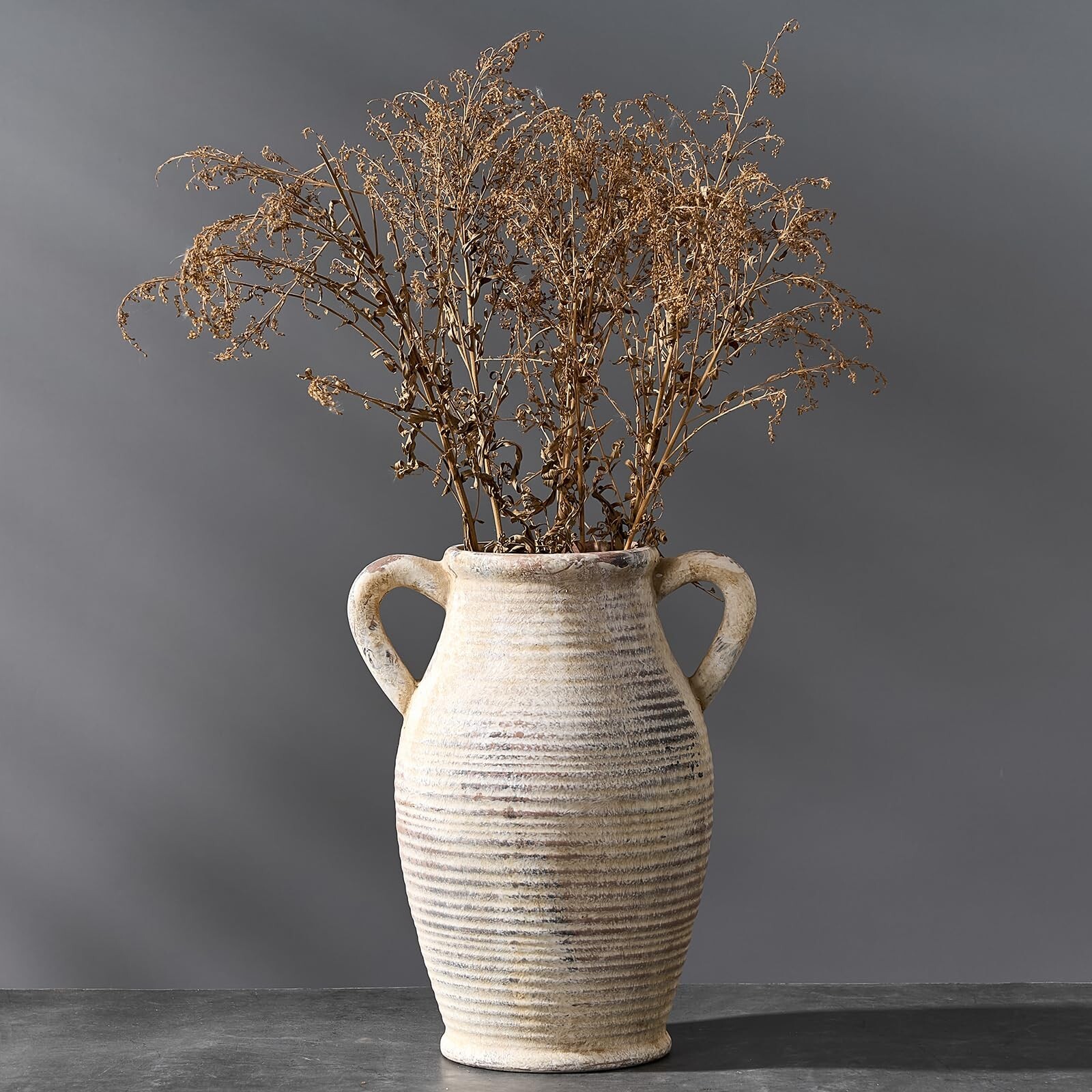 Large Ceramic Rustic Vase with 2 Handles, 9.8 inch Whitewashed Terra Cotta Va…