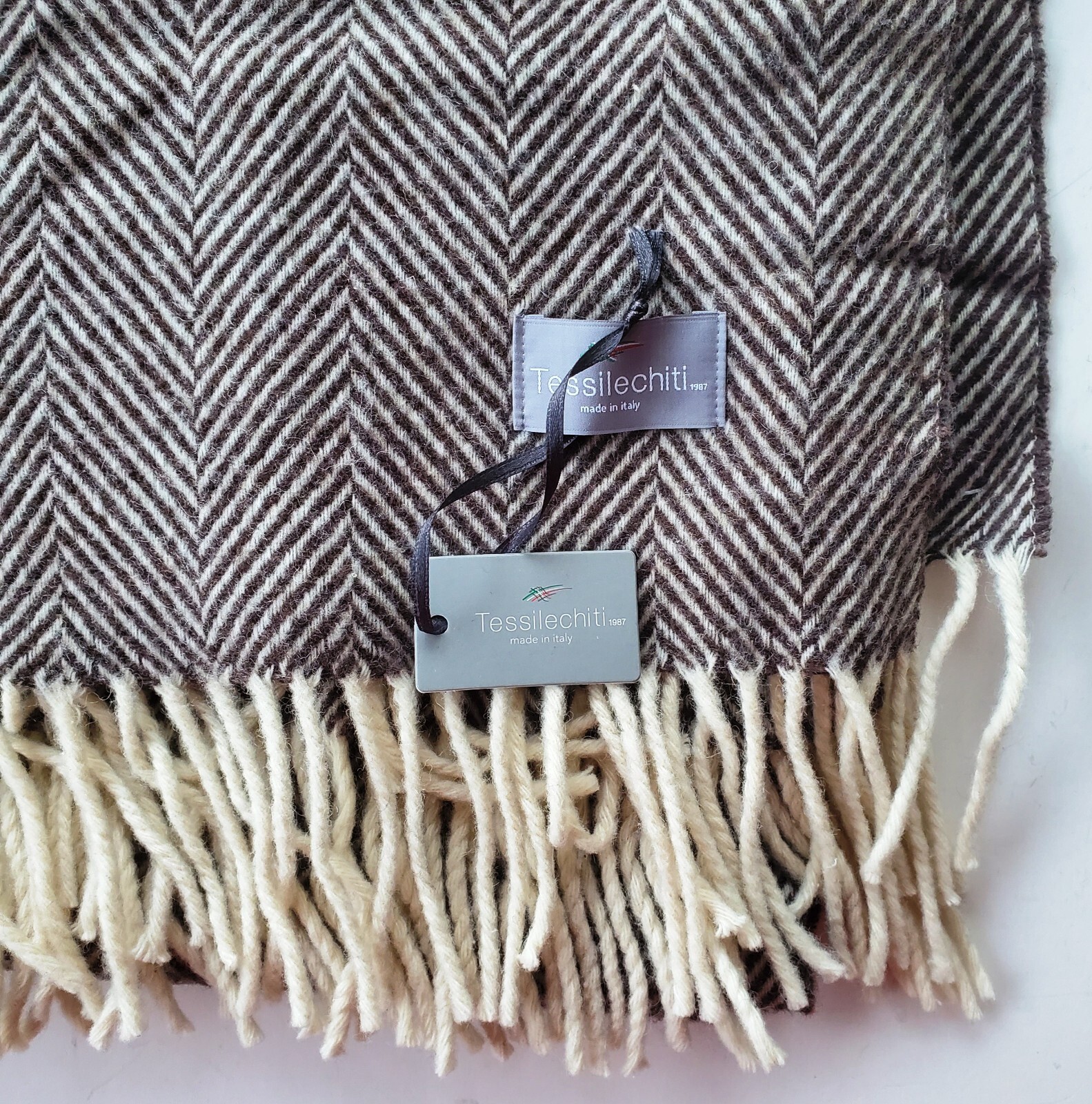 Tessile Chiti Italy Wool Blend Herringbone Throw Brown and Cream