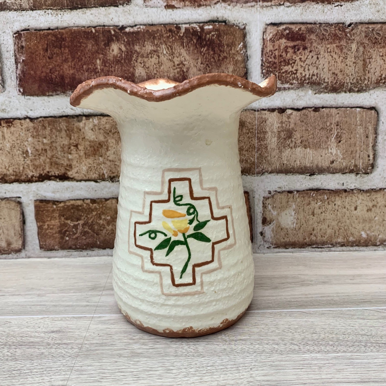 VTG Handmade Ceramic Vase Floral Yellow Design Rustic Country Farmhouse Decor