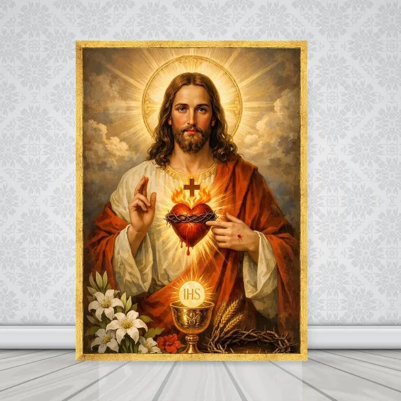 Sacred Heart of Jesus Canvas Wall Art, Divine Love Illustration, Religious Home