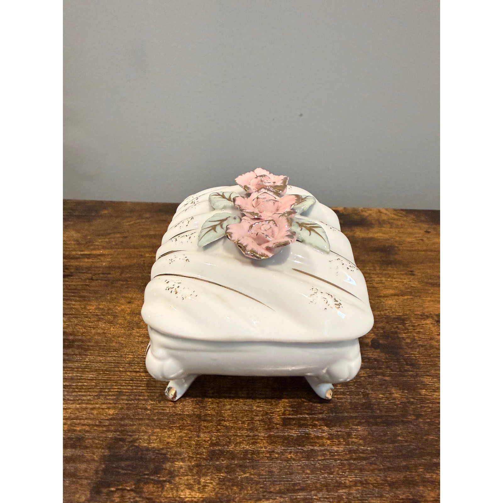 Vintage Tilso Japan Porcelain Trinket Box Pink Roses Gold Trim Footed Floral