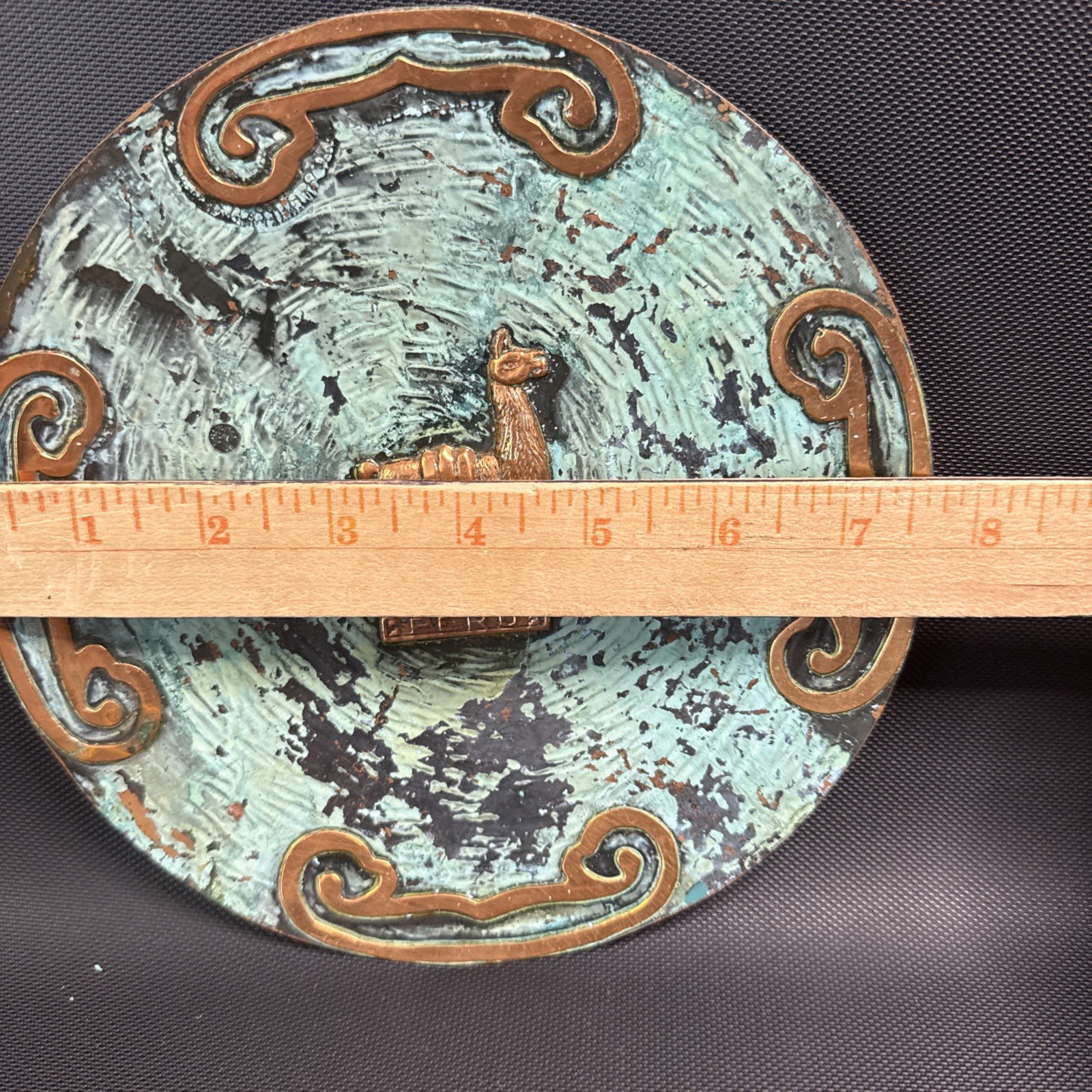 Vintage Peru Copper Brass Wall Plate Verdigris Patina Alpaca Tribal Art