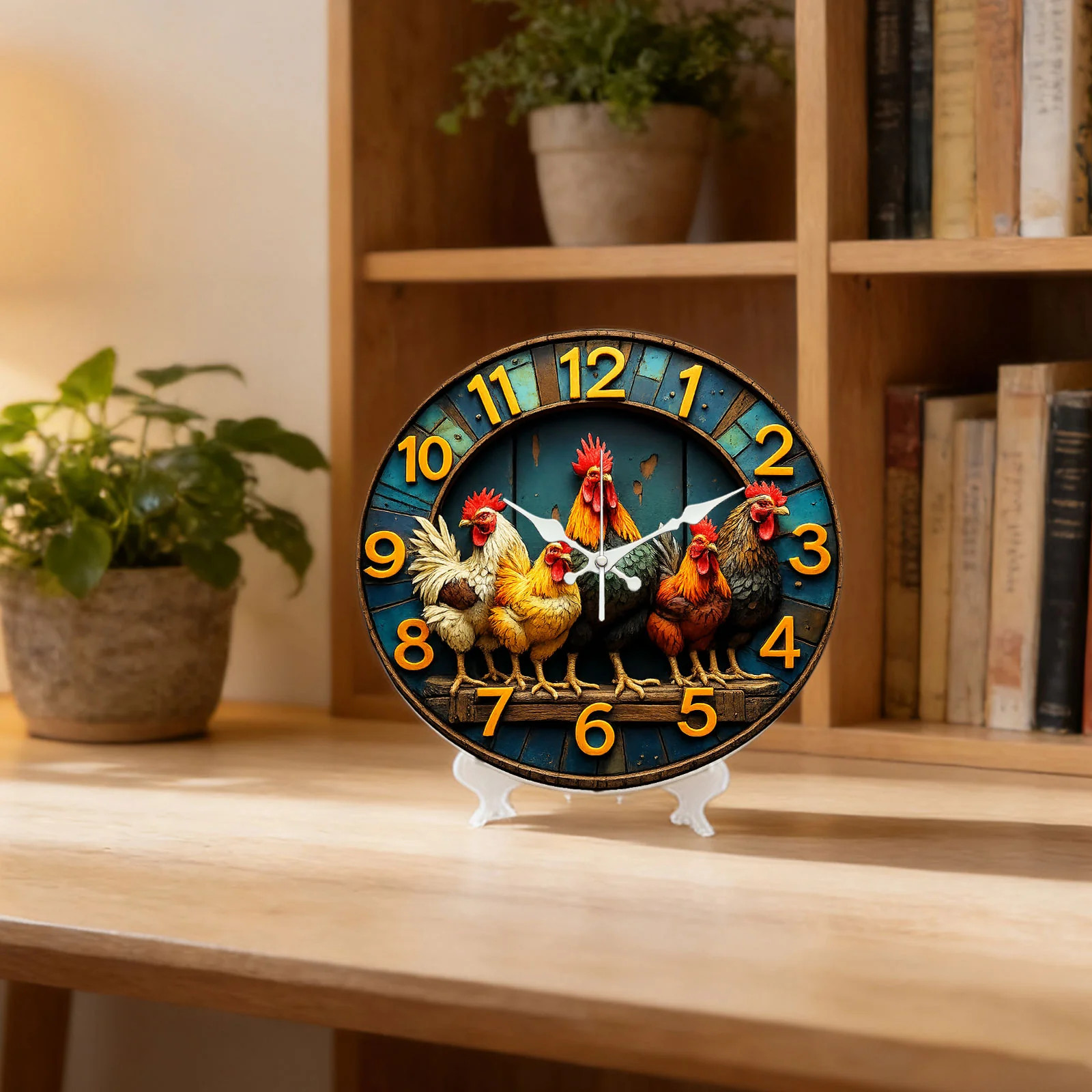 Rooster Pattern Wooden Silent Wall Clock No Battery Holiday Home Decors
