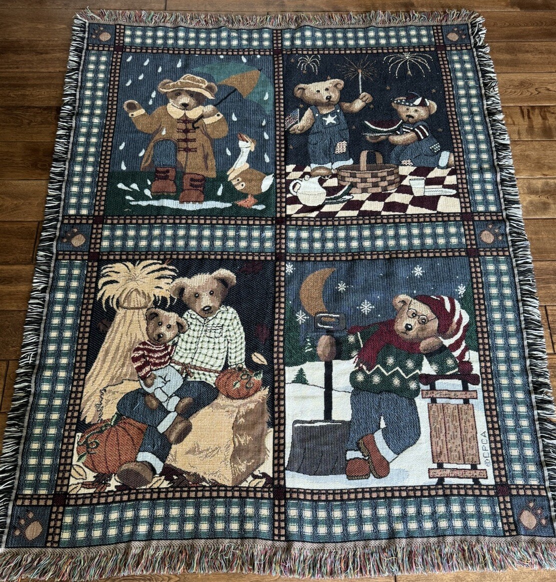 Vintage 90S Teddy Bears Cotten Jacquard Packet Throw Blanket Woven Fringe Retro