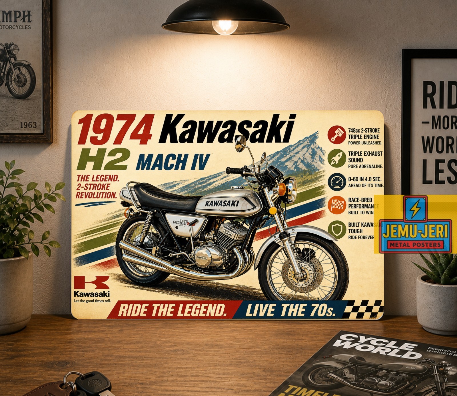 1974 Kawasaki H2 Mach IV Motorcycle Metal Poster 30x20cm Sign