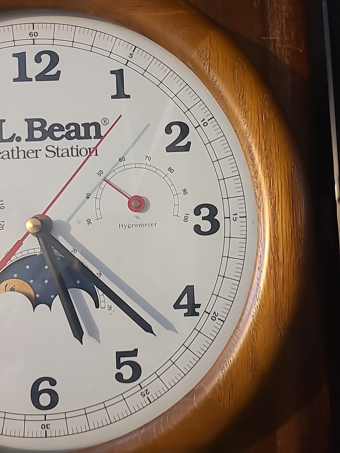 L.L. Bean Weather Station Wall Clock 11.5” Oak Frame Moon Thermometer Hygrometer