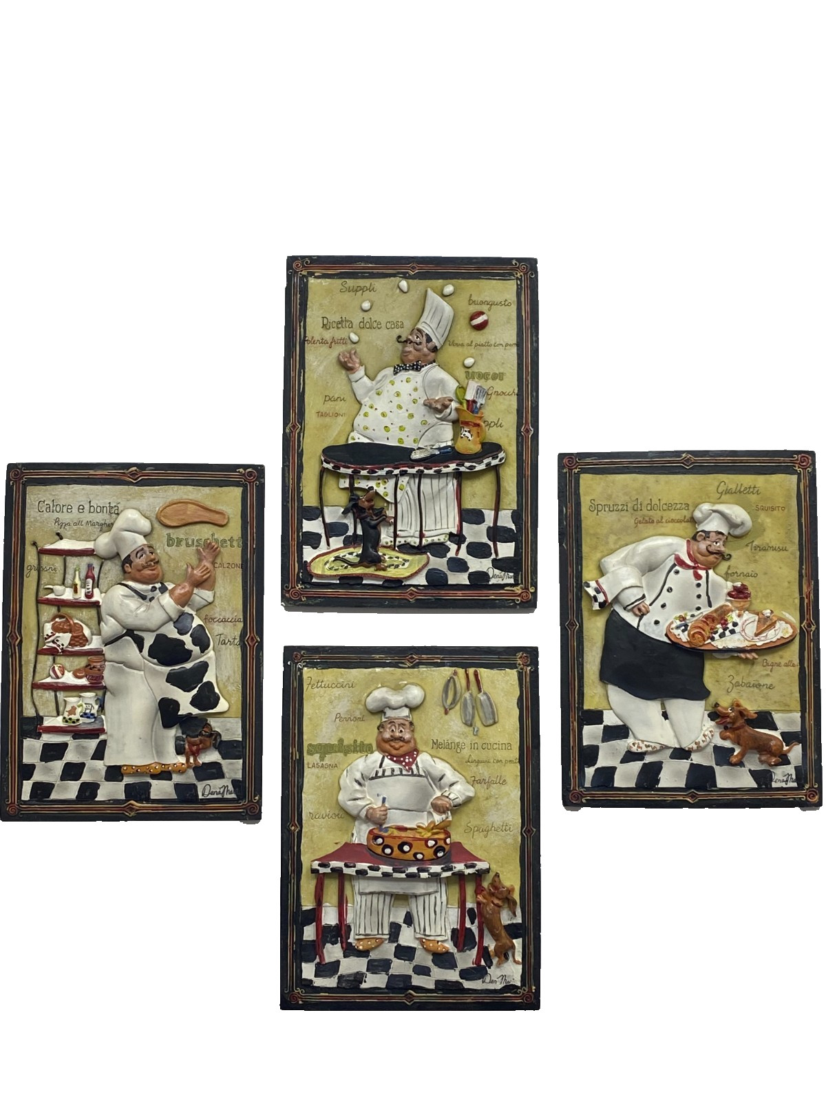 Italian Chef Tiles 3D Wall Art Set of 4 Plaques 4 1/2″ x 6 1/4″ by Dena Marie