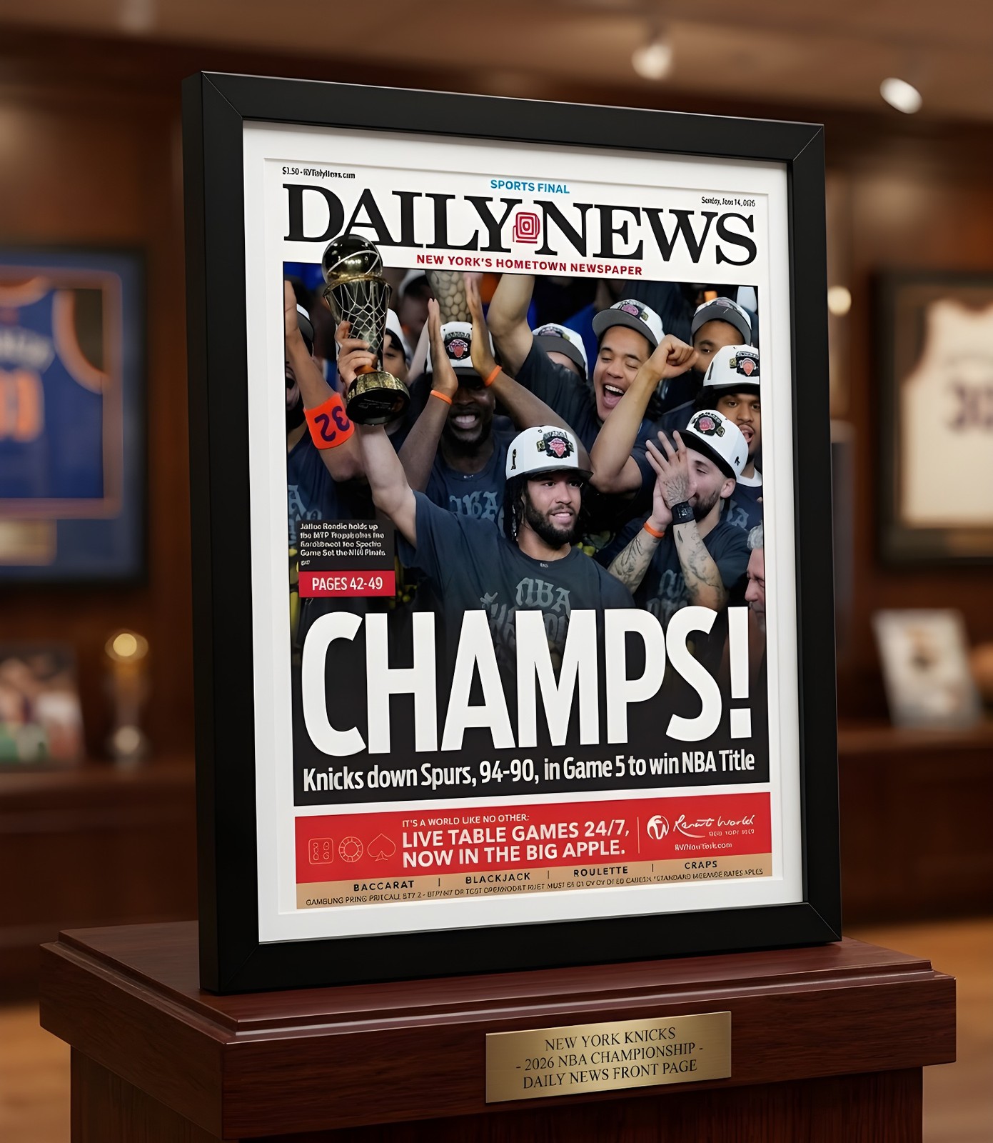 New York Daily News Newspaper Frame, Black Wood, Blue & Orange Mat