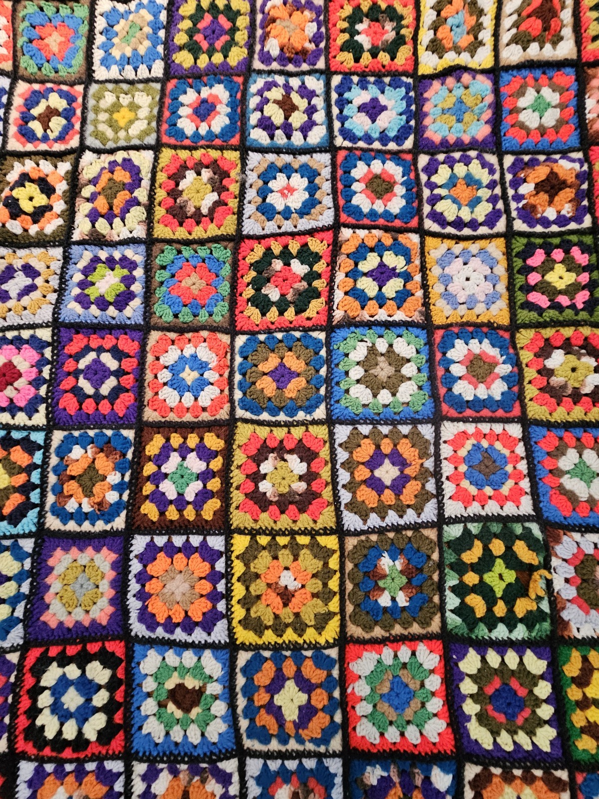 Vtg Granny Square Colorful Afghan Crochet Throw Blanket Flower W Black Tassel