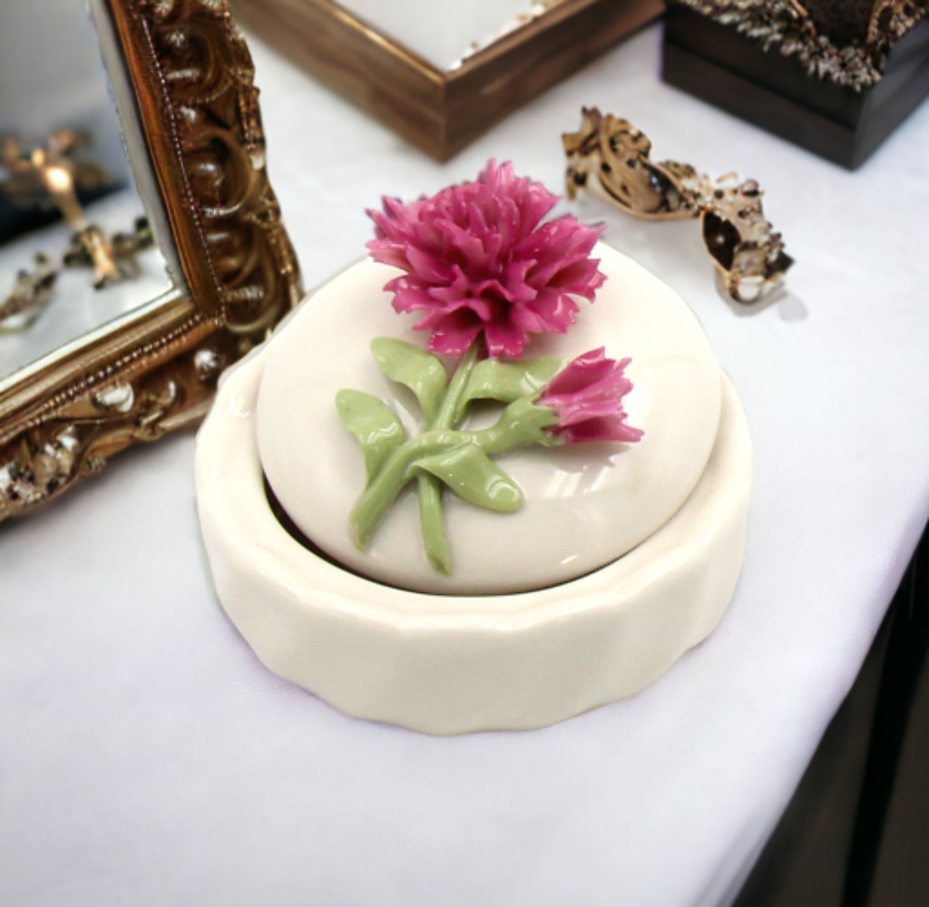Ceramic Carnation Flower Jewelry Box, Home Décor, Gift for Her, Gift for Mom, Va