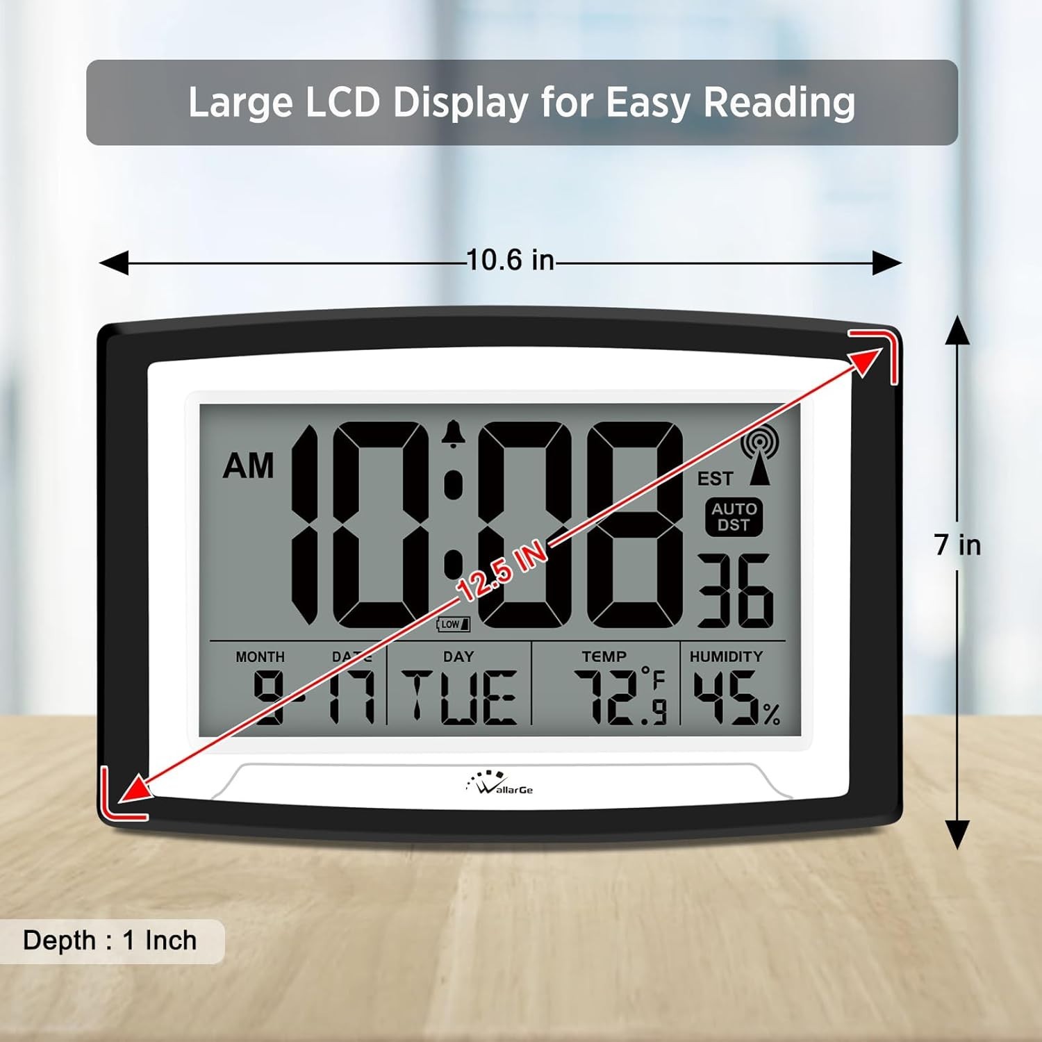 WallarGe Atomic Clock with Indoor Temperature and Humidity, 12.5 Inch