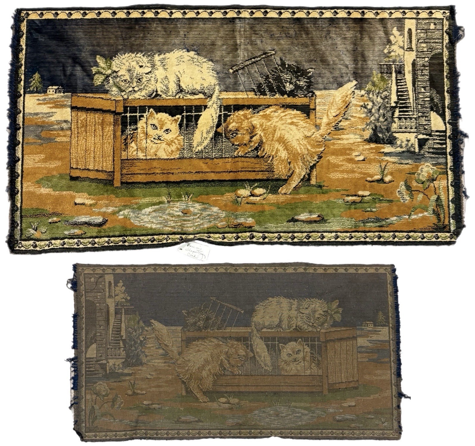 Vtg Velvet Art Tapestry Wall Hanging Rug Kittens Cats Kitties 39×21 Tan 70s Rare
