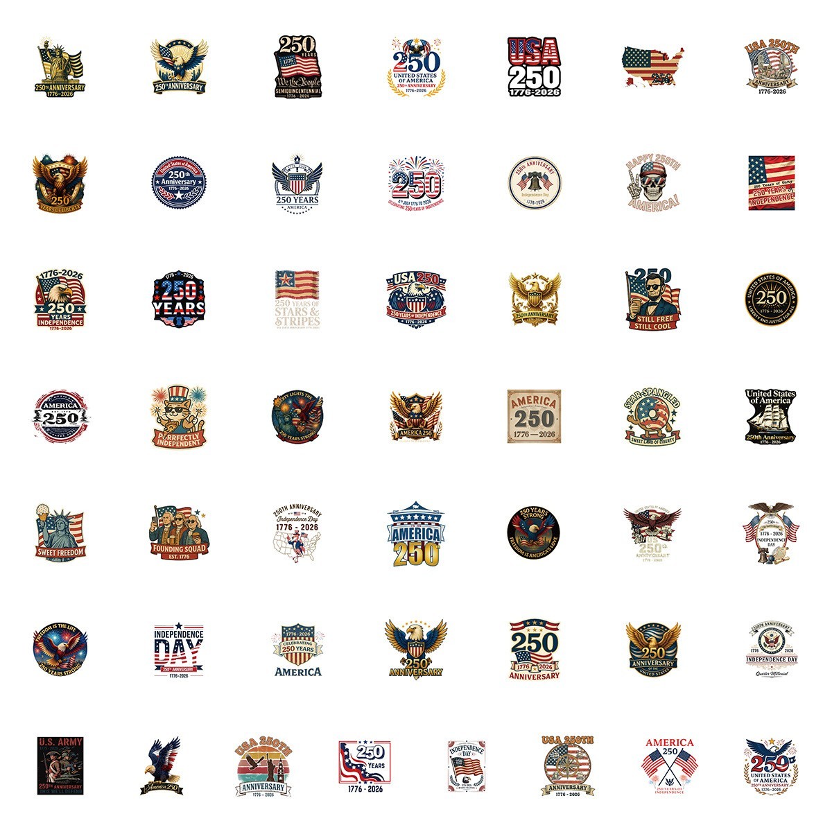 50 pcs Waterproof Vinyl Stickers USA 250th Anniversary Window Auto Luggage Phone