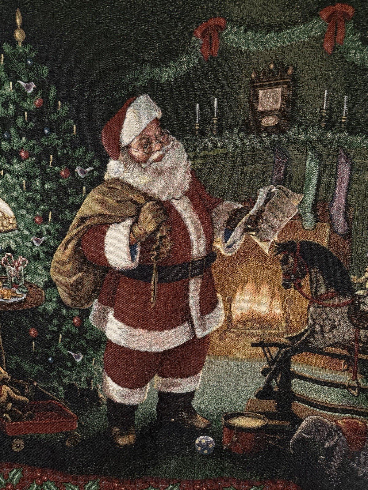 Fringed Tapestry Christmas Throw Blanket Santa, Tree, Fireplace 58”x47”