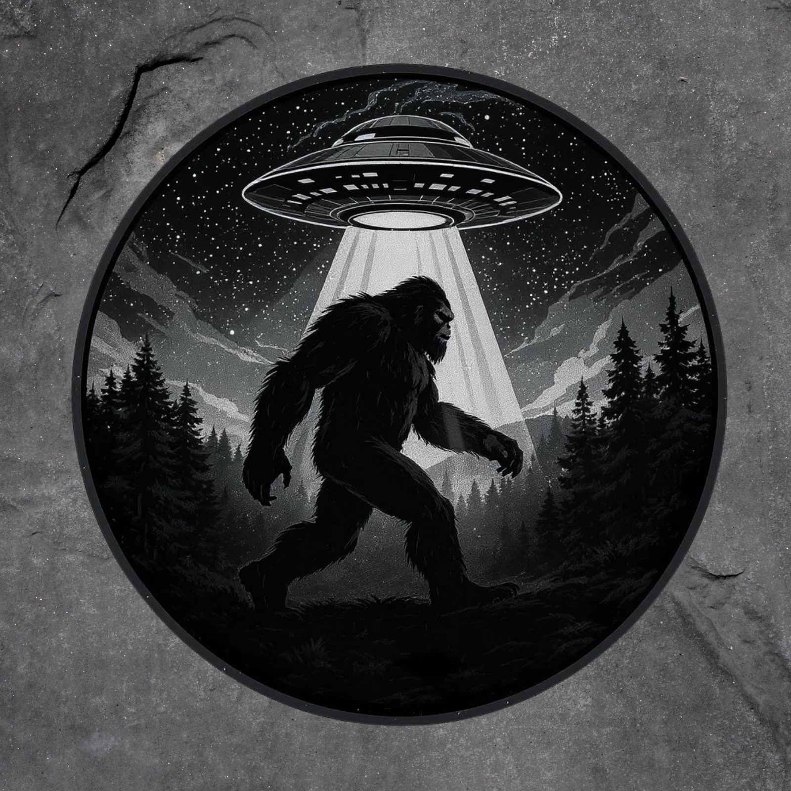 Bigfoot UFO sticker vinyl decal alien abduction cryptid night forest conspiracy