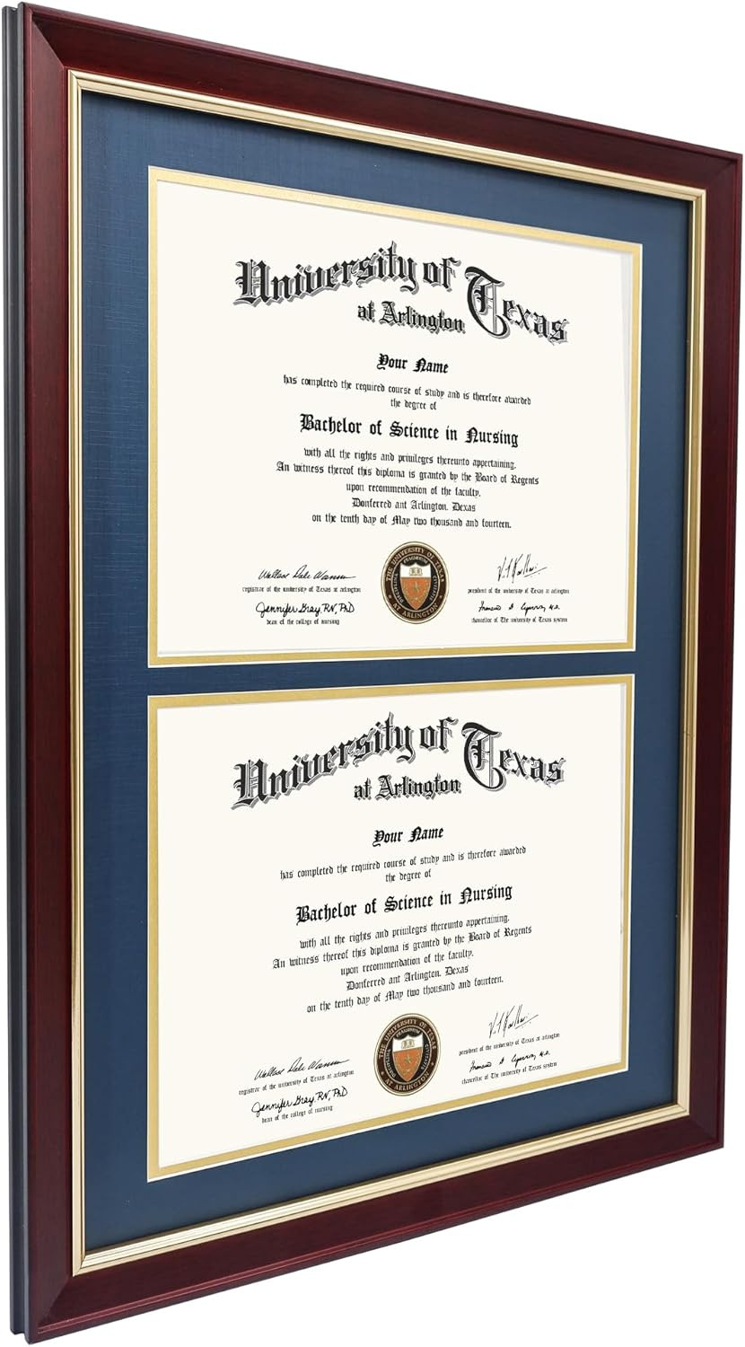 Elegant Double Diploma Frame for Two 8.5×11 Certificates, Navy & Gold Trim