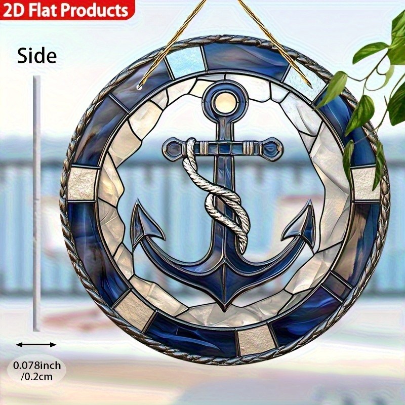 Navy Blue Anchor Rope Nautical Rope Rim Round Acrylic Suncatcher Coastal Decor