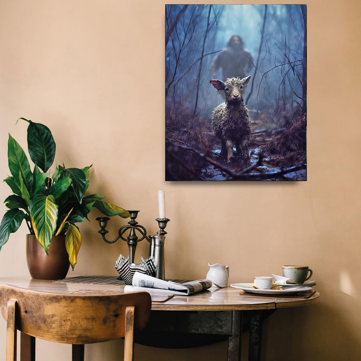 Jesus Chasing After Lamb Picture Religious Christian Home Decor Print