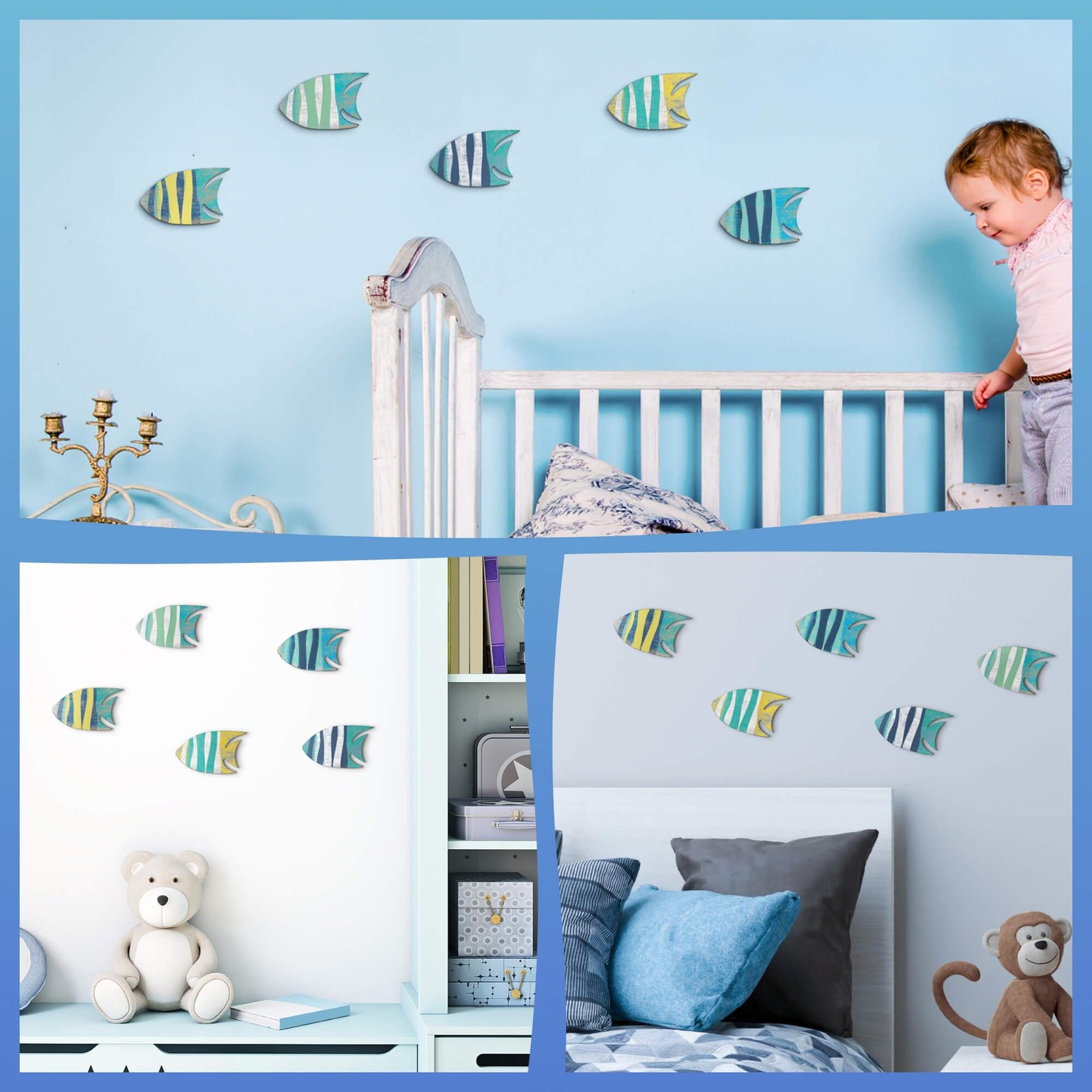 5 Pieces Wood Fish Nautical Beach Wall Art – Hand Carved Wooden of Fish Hangi…