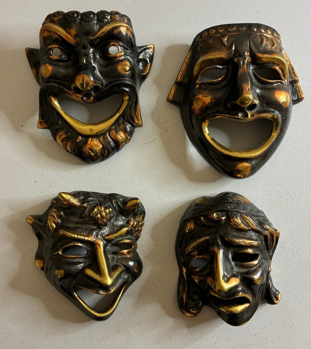 Vintage Small Greek Bronze Comedy Laughing Wall Hanging Mask – 4″ Set Lot of 4x